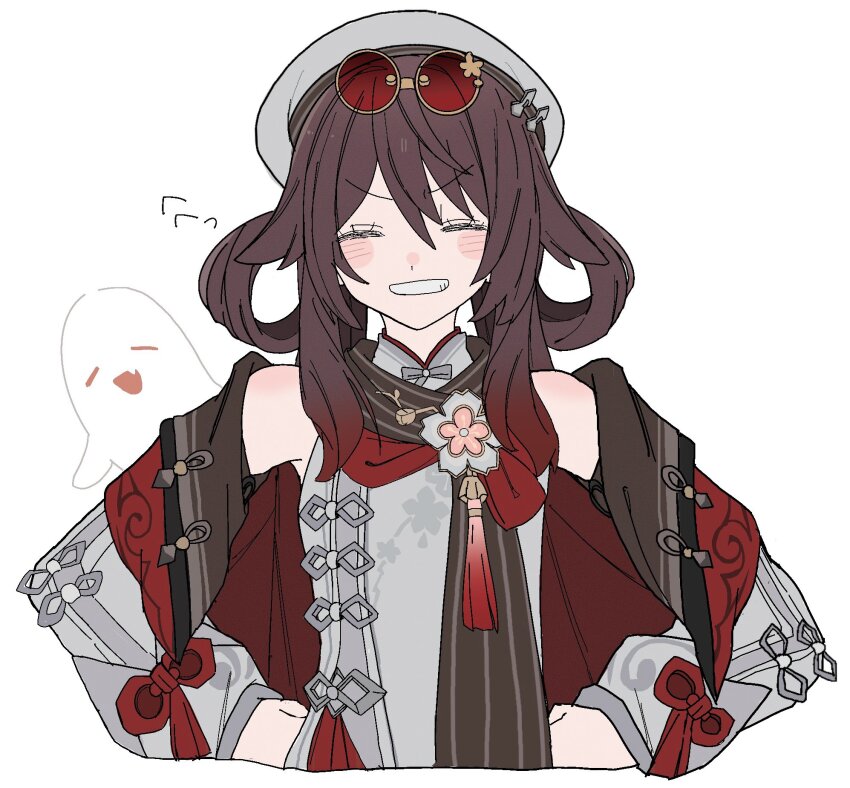 1girl, ^_^, bare_shoulders, beret, blush, boo_tao_(genshin_impact), brown_hair, closed_eyes, facing_viewer, genshin_impact, grey_hat, grey_shirt, grin, hair_rings, hat, highres, hu_tao_(cherries_snow-laden)_(genshin_impact), hu_tao_(genshin_impact), long_hair, long_sleeves, niupum, official_alternate_costume, shirt, sleeveless, sleeveless_shirt, smile, upper_body