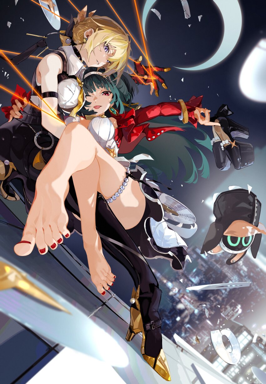 2girls, absurdres, arm_strap, astra_yao, bangboo_(zenless_zone_zero), bare_legs, bare_shoulders, barefoot, black_pants, blonde_hair, blurry, blurry_background, bracelet, building, carrying, carrying_person, chest_harness, city, cityscape, collared_shirt, commentary, cropped_jacket, dress, earrings, english_commentary, evelyn_chevalier, feet, foot_focus, green_hair, hair_up, hairband, harness, headband, high-waist_pants, high_heels, highres, jacket, jewelry, knees_together_feet_apart, legs, looking_at_viewer, merah_drow, mole, mole_under_eye, moon, multiple_girls, nail_polish, necklace, necktie, one_eye_closed, outdoors, pants, platform_footwear, platform_heels, purple_eyes, red_eyes, red_jacket, red_nails, shirt, skyscraper, sleeveless, sleeveless_shirt, thigh_strap, tight_clothes, tight_pants, toenail_polish, toenails, toes, tongue, tongue_out, uneven_bangs, white_dress, white_hairband, white_headband, white_shirt, yellow_necktie, zenless_zone_zero