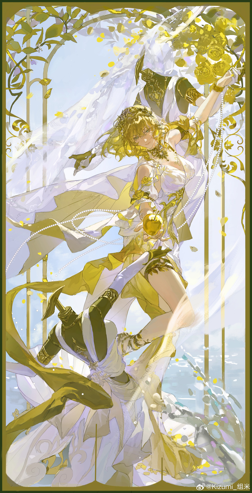 1girl, absurdres, aglaea_(honkai:_star_rail), ancient_greek_clothes, apple, blonde_hair, breasts, chinese_commentary