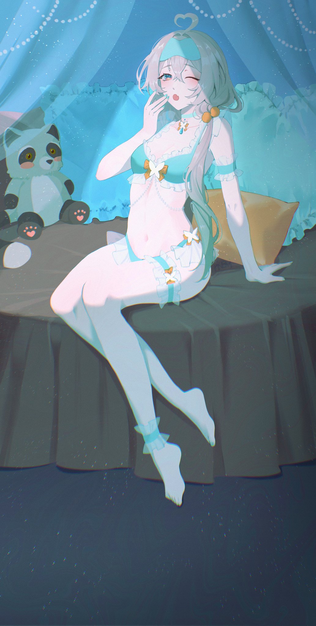 ankle_strap, barefoot, bikini, blush, crossed_ankles, firefly_(honkai:_star_rail), hair_between_eyes, hair_intakes