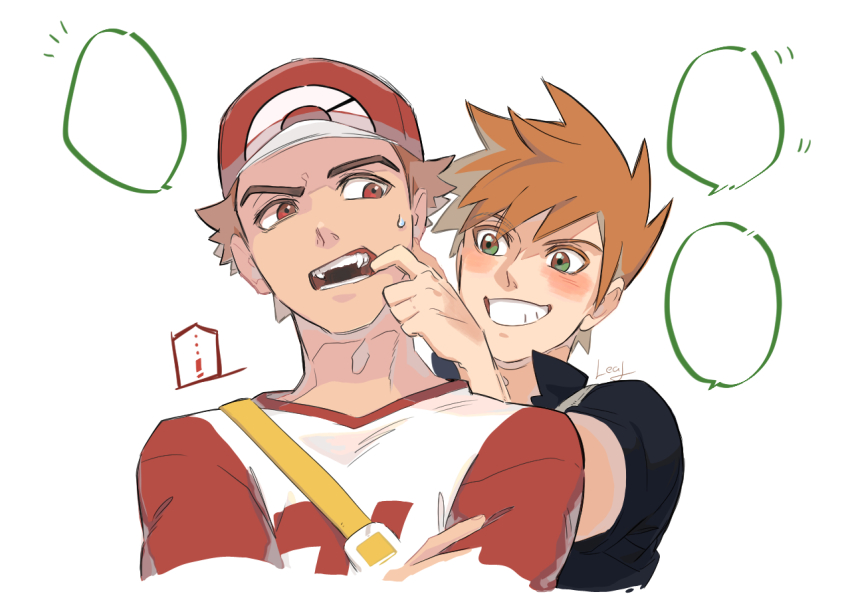 !, ..., 2boys, baseball_cap, black_shirt, blank_speech_bubble, blue_oak, blush