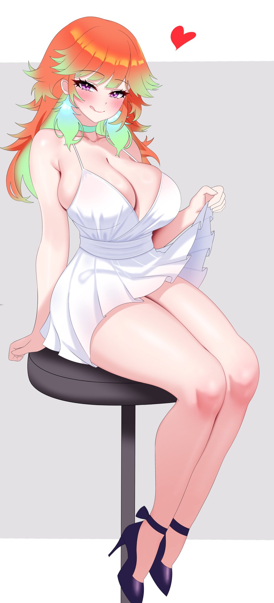 1girl, :q, breasts, capycapy, choker, cleavage, curvy, dress