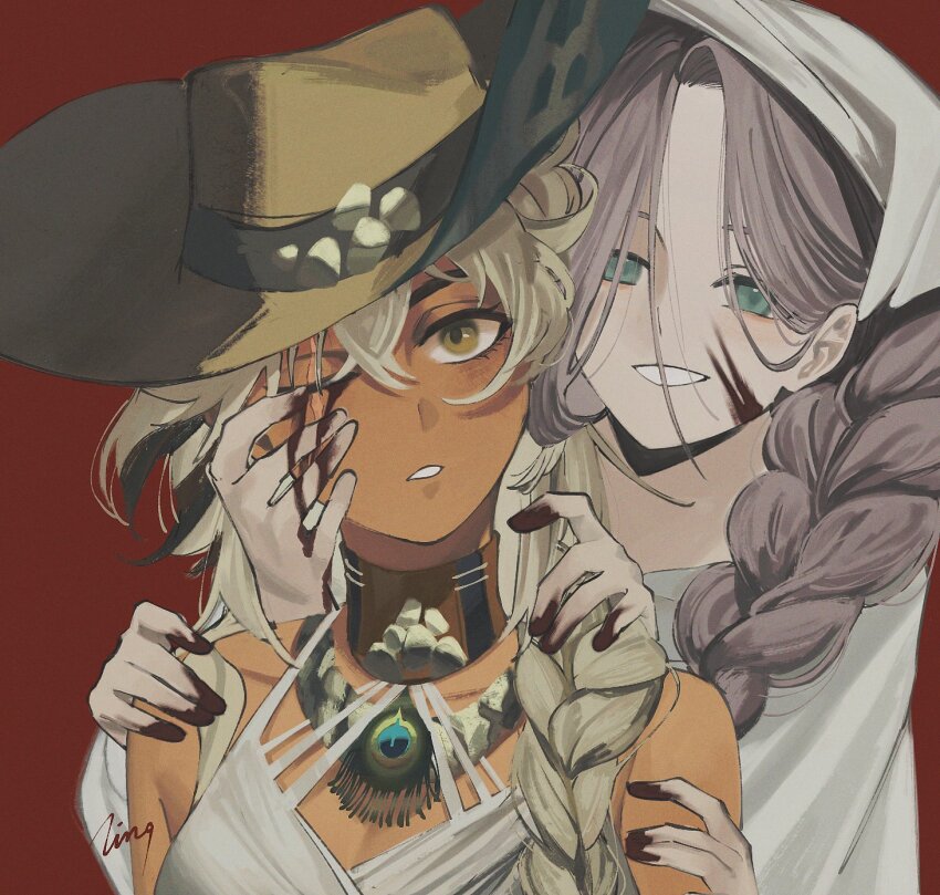 2girls, argus_(reverse:1999), artist_name, bare_shoulders, behind_another, blood, blood_on_face, blood_on_hands