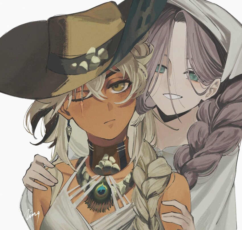 2girls, ;|, argus_(reverse:1999), artist_name, bare_shoulders, behind_another, blue_eyes, braid, brown_choker, brown_hair, brown_hat, choker, cowboy_hat, grin, hair_over_shoulder, hands_on_another's_shoulders, hat, headscarf, highres, kayla_(reverse:1999), ling_(chaaaaanhikari), long_braid, looking_at_viewer, multiple_girls, one_eye_closed, peacock_feathers, portrait, reverse:1999, scar, scar_across_eye, scar_on_face, signature, single_braid, smile, tank_top, white_background, white_tank_top, yellow_eyes