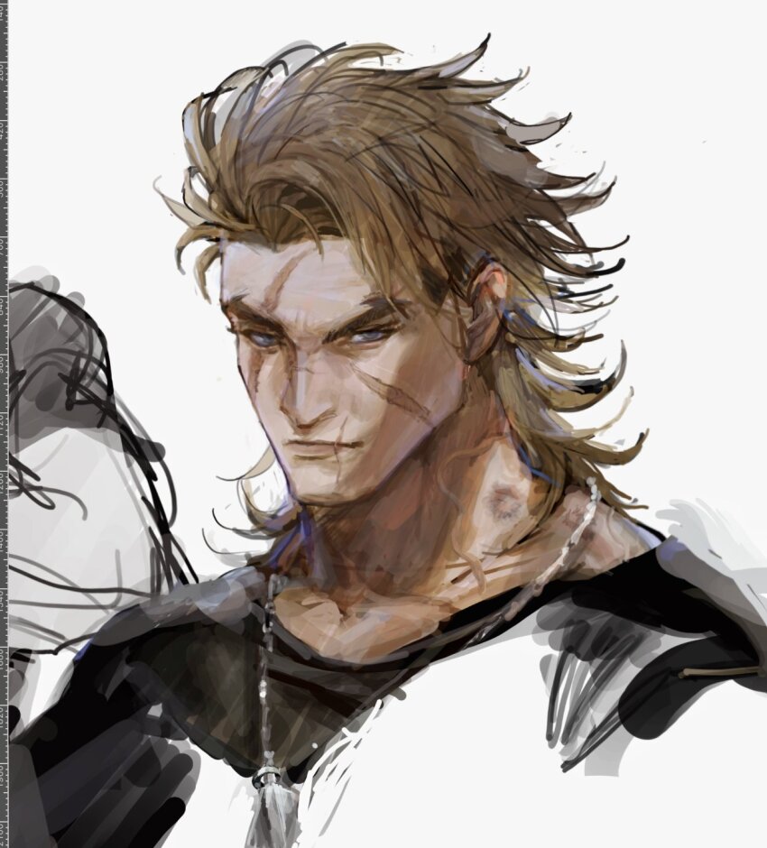 1boy, aged_up, alsonotdon, alternate_hair_length, alternate_hairstyle, black_shirt, blonde_hair, closed_mouth, commentary, crew_neck, cropped_shoulders, dog_tags, english_commentary, facial_scar, forked_eyebrows, hair_behind_ear, highres, long_hair, luke_sullivan, male_focus, multiple_scars, scar, scar_across_eye, scar_on_cheek, scar_on_face, shirt, simple_background, solo, street_fighter, street_fighter_6, white_background