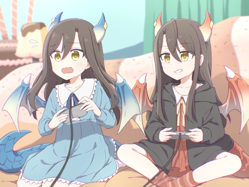 2girls, blue_dress, blue_horns, blue_tail, blue_wings, brown_hair, controller, dragon_girl