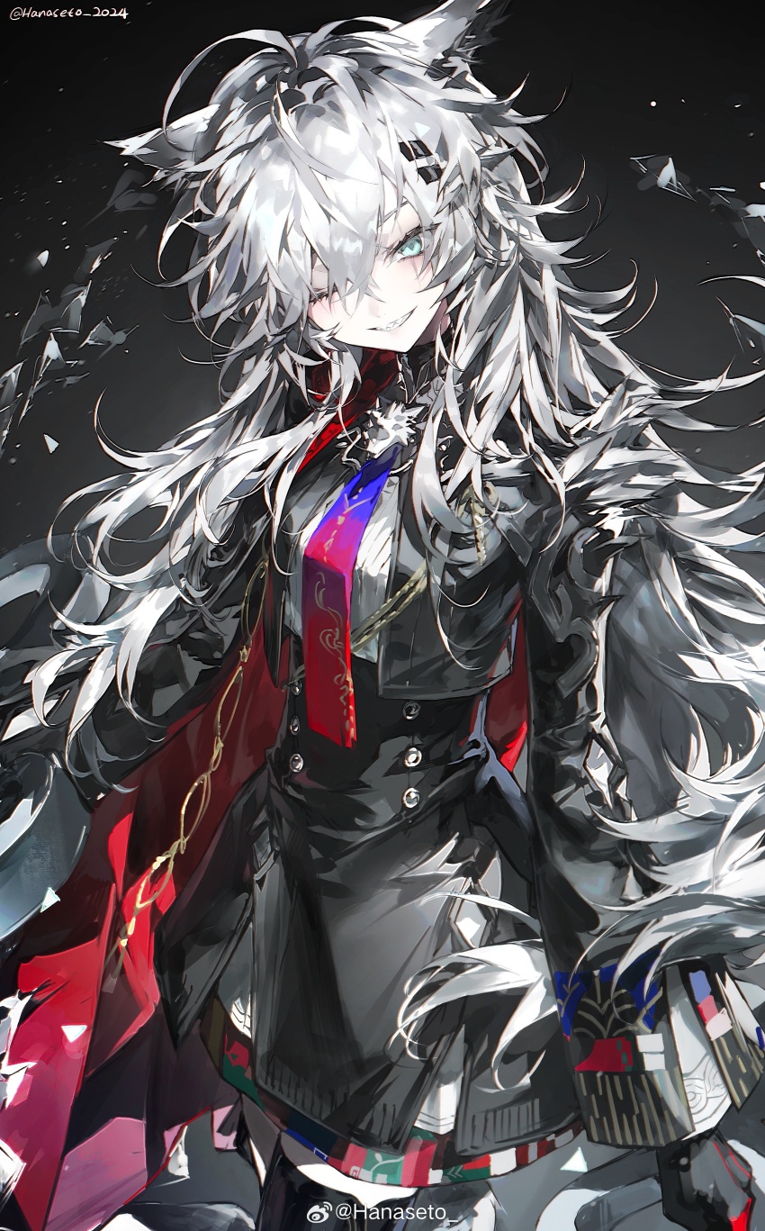 1girl, absurdres, ahoge, animal_ears, arknights, black_background, black_gloves, black_jacket