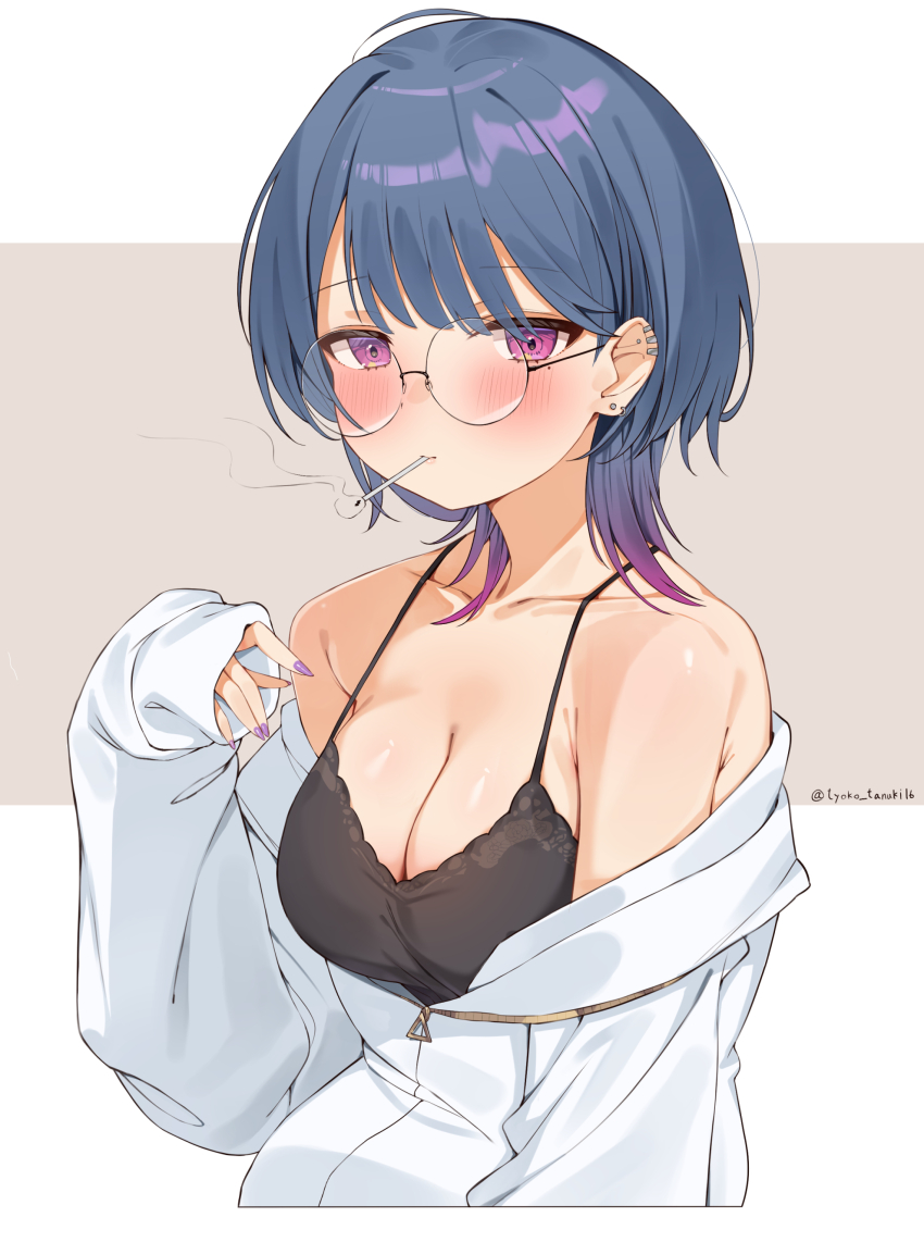 1girl, absurdres, armpit_crease, bare_shoulders, black_camisole, blue_hair, breasts, brown_background