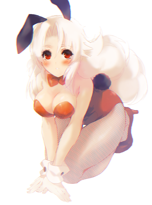 1girl, animal_ears, blush, breasts, cleavage, fake_animal_ears, fishnet_pantyhose, fishnets