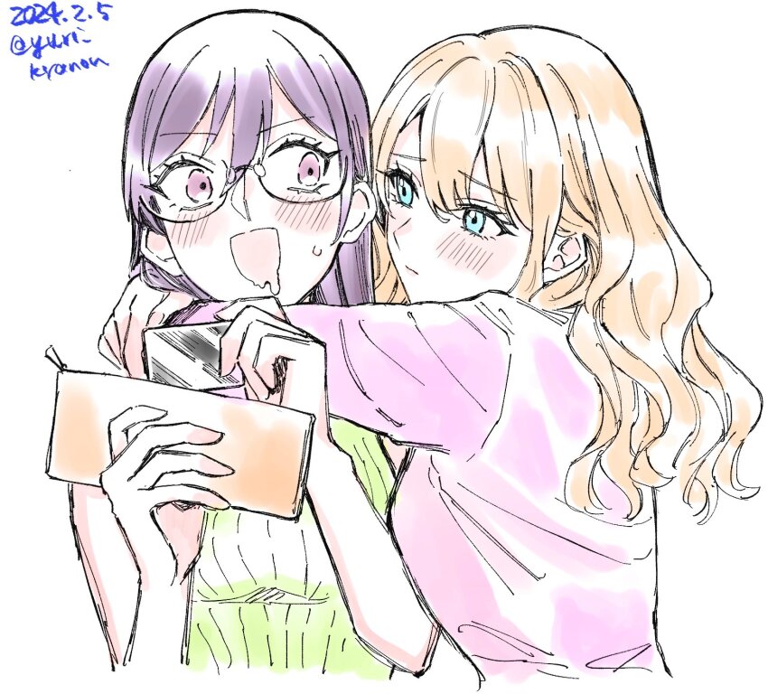 2.5_jigen_no_ririsa, 2girls, arms_around_neck, black_hair, blonde_hair, blush, breasts, commentary_request