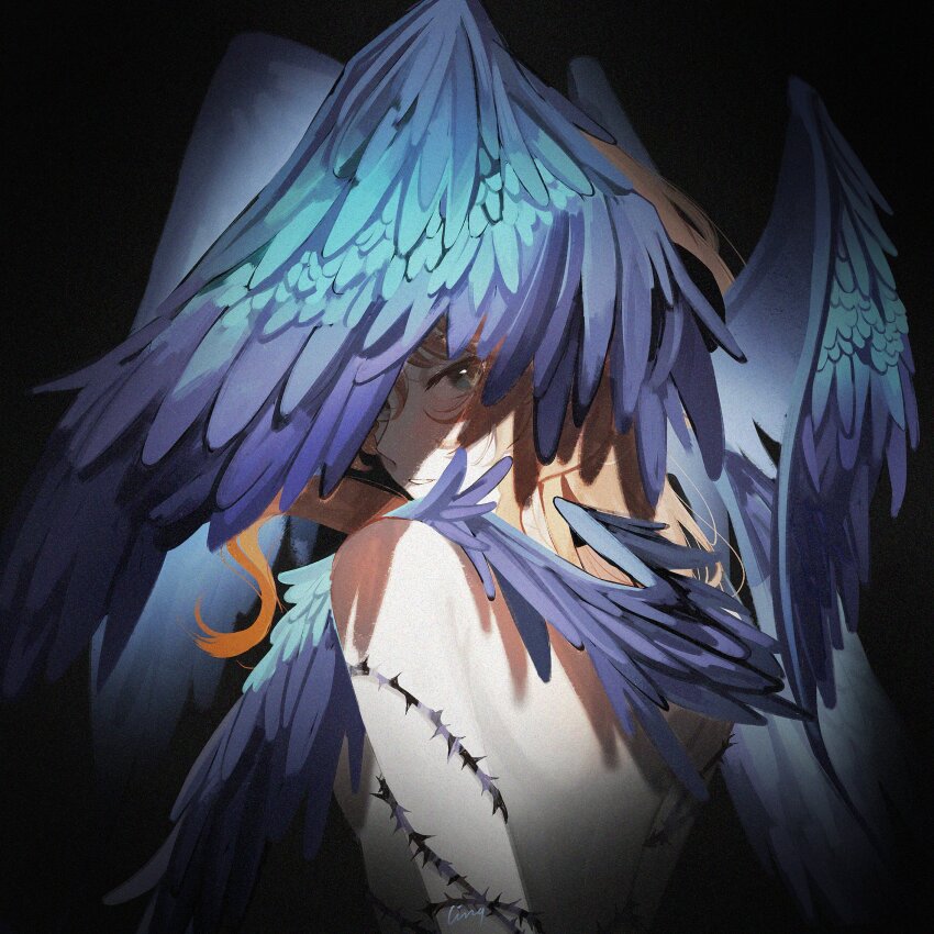 1girl, back, bare_shoulders, black_background, druvis_iii, druvis_iii_(shrouded_in_thorns), feathered_wings, from_behind, green_eyes, head_wings, highres, ling_(chaaaaanhikari), long_hair, looking_at_viewer, nude, official_alternate_costume, orange_hair, purple_wings, reverse:1999, solo, upper_body, vignetting, wings