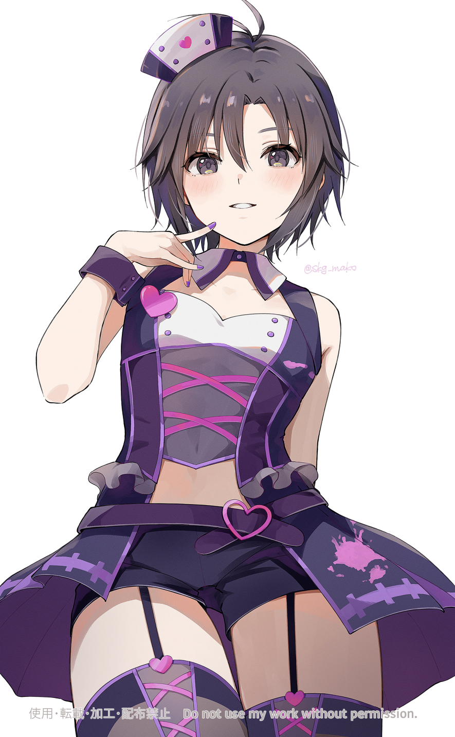 1girl, antenna_hair, arm_behind_back, belt, black_eyes, black_hair, black_shorts, blush, breasts, cleavage_cutout, clothing_cutout, concept_take_care_(idolmaster), cowboy_shot, dot_nose, dress, finger_to_cheek, forehead, from_below, garter_straps, grin, hat, heart, highres, idolmaster, idolmaster_(classic), idolmaster_million_live!, idolmaster_million_live!_theater_days, kikuchi_makoto, looking_at_viewer, mogskg, multicolored_dress, navel_cutout, nurse, nurse_cap, parted_bangs, purple_belt, purple_dress, purple_wrist_cuffs, short_hair, shorts, sidelocks, simple_background, sleeveless, sleeveless_dress, small_breasts, smile, solo, star_(symbol), white_background, wrist_cuffs