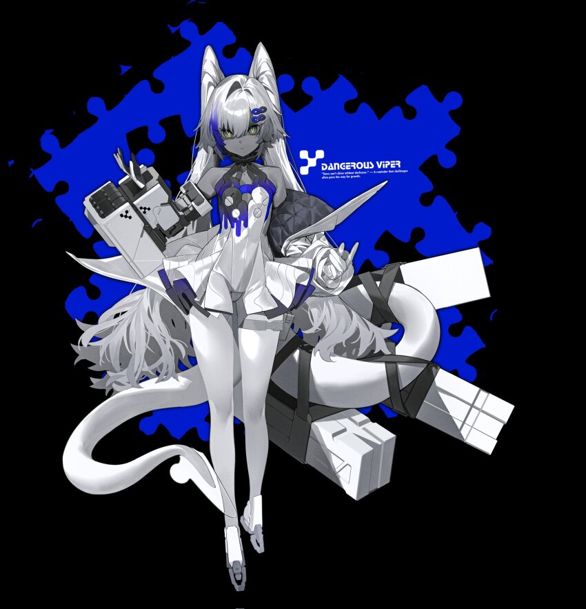 1girl, amoeba_yuanchong, asymmetrical_clothes, bare_shoulders, black_background, blue_hair, colored_skin, commentary, dress, english_commentary, expressionless, facial_tattoo, flat_chest, full_body, gauntlets, gloves, green_eyes, grey_skin, hair_ornament, hairclip, hand_up, highres, infinity_symbol, leg_belt, long_eyelashes, long_hair, mechanical_boots, multicolored_hair, original, pantyhose, puzzle_piece, puzzle_piece_background, radiation_symbol, single_gauntlet, skirt, snake_tail, solo, spot_color, staring, streaked_hair, suitcase, tail, tail_strap, tattoo, very_long_hair, white_dress, white_hair, white_tail