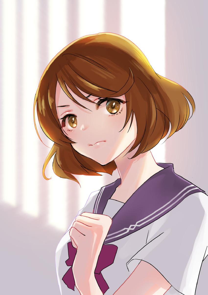 1girl, blue_sailor_collar, bow, brown_eyes, brown_hair, day, highres, indoors