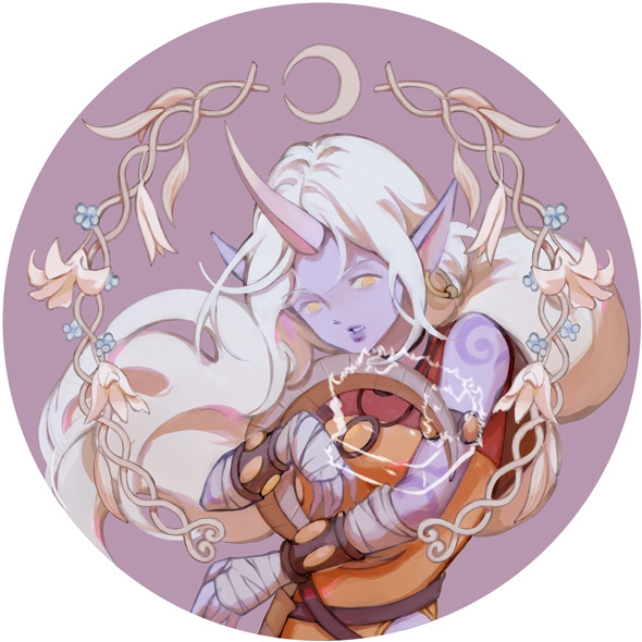 1girl, afurrybrownie, arm_tattoo, bracer, colored_skin, earrings, flower, horns, jewelry, league_of_legends, long_hair, necklace, pointy_ears, purple_skin, single_horn, solo, soraka_(league_of_legends), tattoo, upper_body, white_hair, yellow_eyes