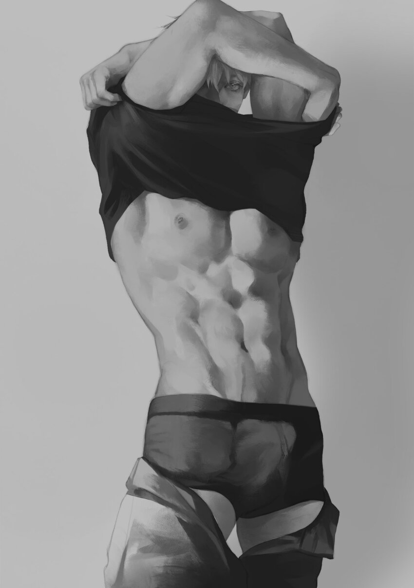 1boy, 3aem, abs, arms_up, black_male_underwear, clothes_lift, clothes_pull, covered_mouth