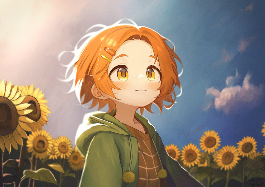 1girl, absurdres, blue_sky, brown_shirt, child, closed_mouth, commentary, day