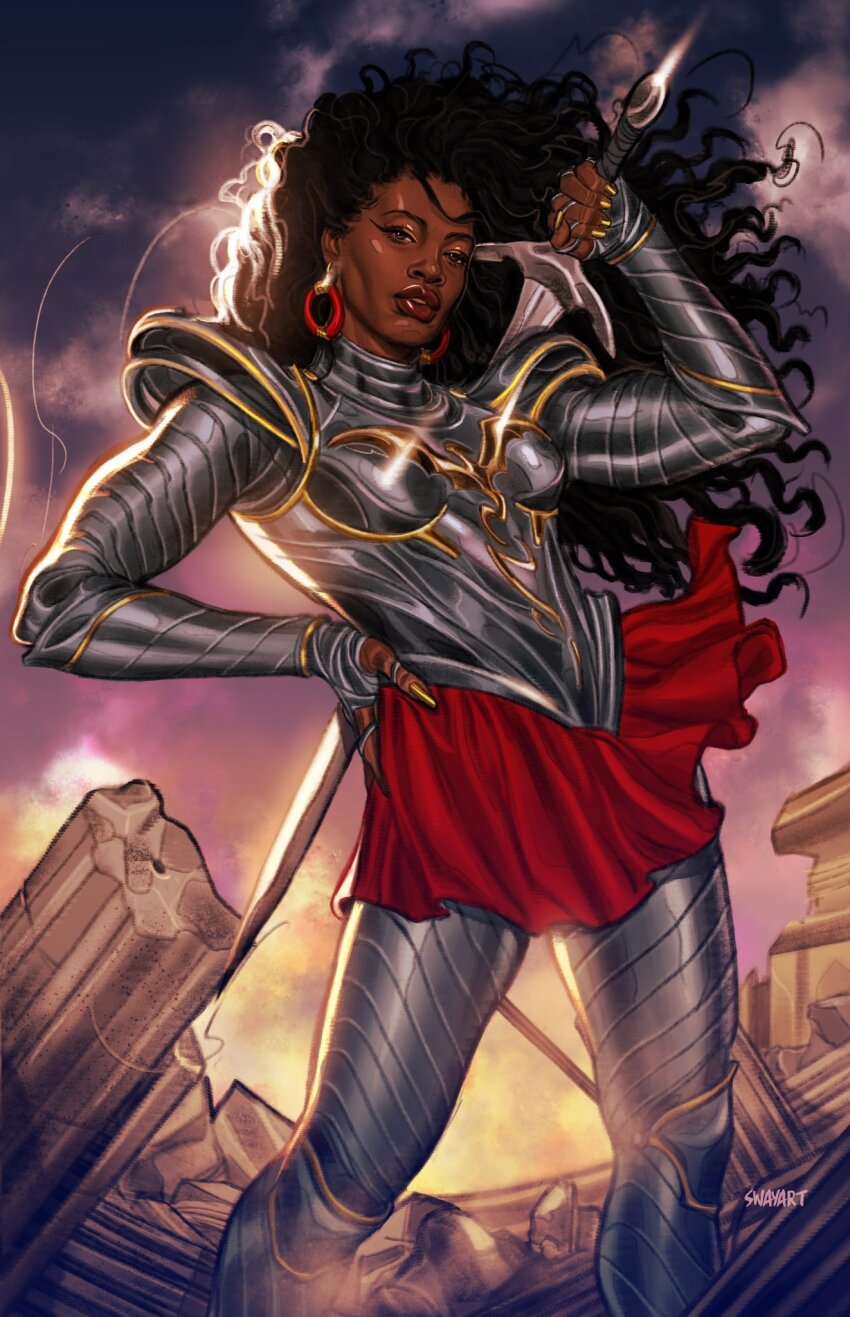 armor, black_hair, broken_pillar, brown_eyes, dark-skinned_female, dark_skin, dc_comics, highres