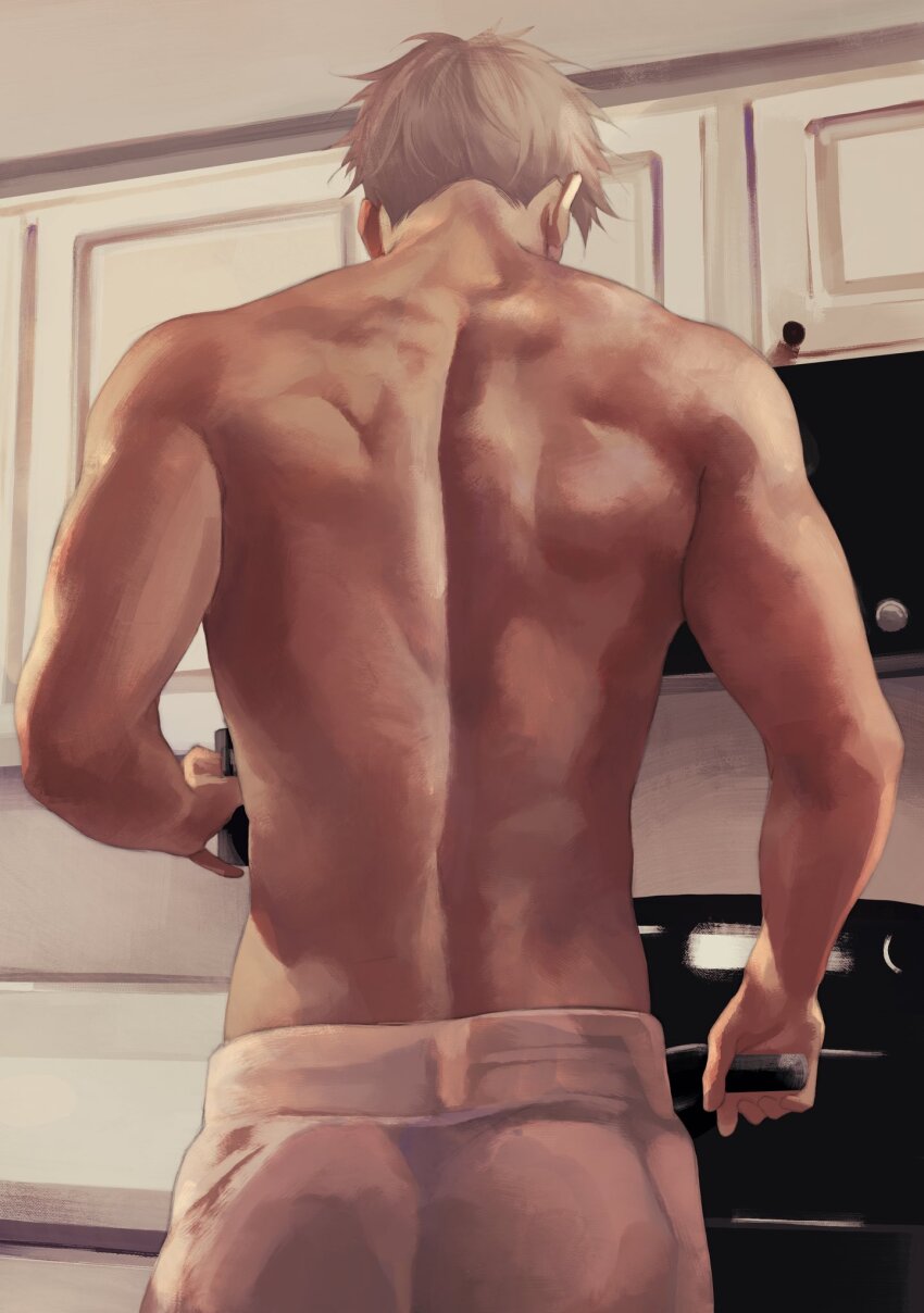 1boy, 3aem, back, cooking, cowboy_shot, cup, facing_away, from_behind