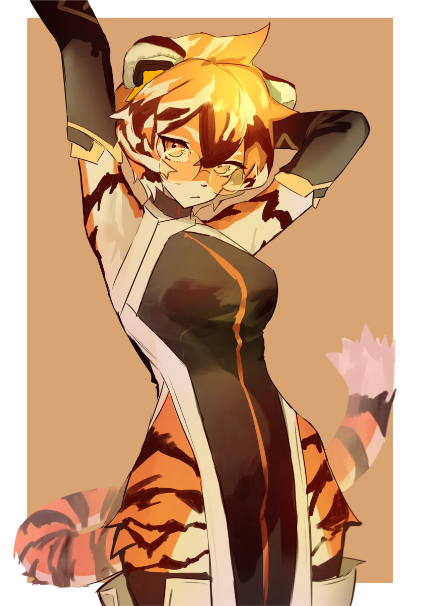 1girl, absurdres, animal_ears, arknights, breasts, closed_mouth, commentary, english_commentary, furry, furry_female, highres, multicolored_fur, multicolored_hair, orange_eyes, orange_hair, peemy, round_eyewear, short_hair, solo, striped_fur, tail, tiger_ears, tiger_girl, tiger_tail, tinted_eyewear, waai_fu_(arknights), white_hair