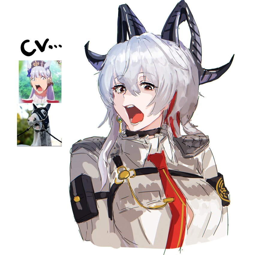 2girls, arm_pouch, armband, black_armband, black_horns, curled_horns, earrings, gold_ship_(racehorse)