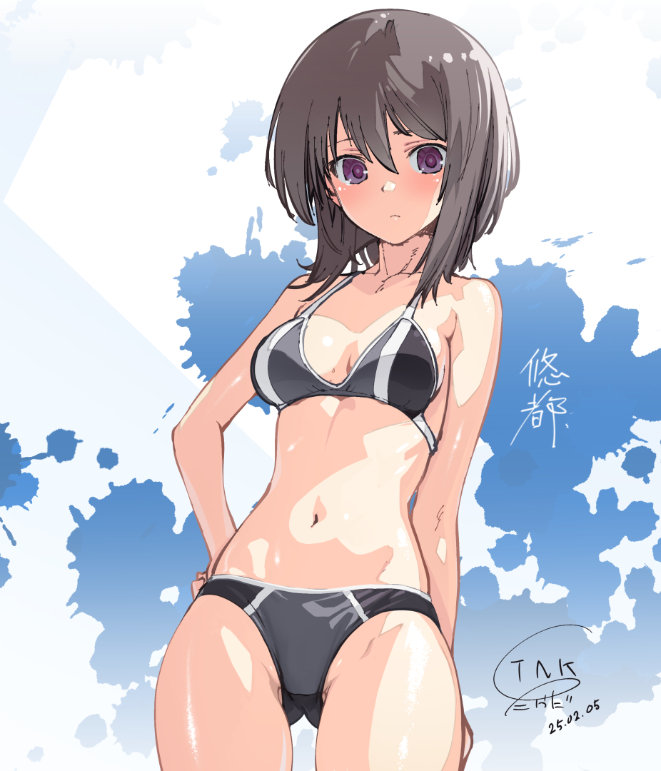 1girl, alice_gear_aegis, bikini, black_bikini, black_hair, breasts, cowboy_shot, gluteal_fold