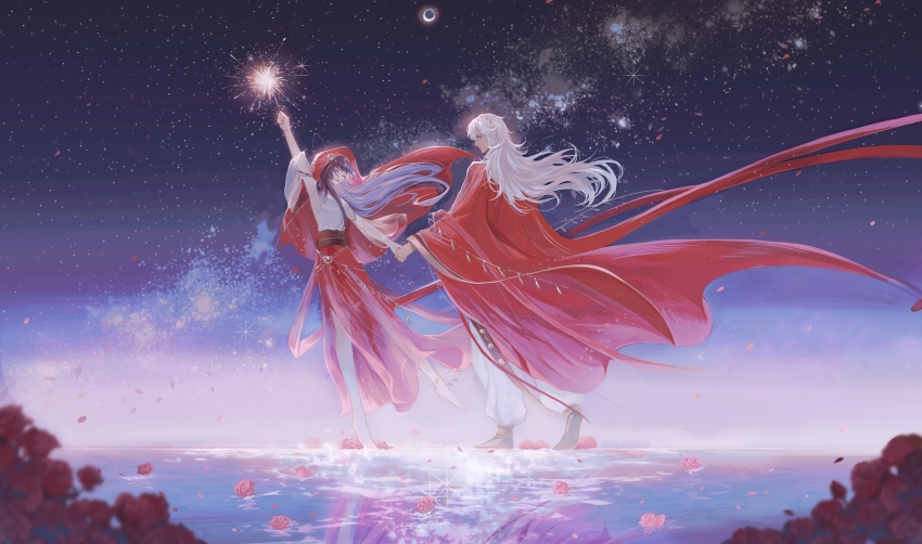 1boy, 1girl, :d, ^_^, absurdres, anklet, aqua_eyes, barefoot, black_footwear, chinese_commentary, closed_eyes, closed_mouth, dark-skinned_male, dark_skin, detached_sleeves, eclipse, fireworks, flower, flower_on_liquid, from_side, full_body, galaxy, hair_between_eyes, head_chain, heroine_(lovebrush_chronicles), highres, holding, holding_fireworks, holding_hands, jewelry, lars_rorschach, long_hair, long_sleeves, looking_at_another, lovebrush_chronicles, night, nil_lars, open_mouth, pants, profile, purple_hair, red_flower, red_robe, red_rose, red_skirt, red_veil, reflection, reflective_liquid, robe, rose, see-through_clothes, see-through_sleeves, shirt, skirt, sky, sleeveless, sleeveless_shirt, smile, snow234, sparkler, standing, standing_on_liquid, star_(sky), starry_sky, veil, walking, water, white_hair, white_pants, white_shirt, wide_sleeves