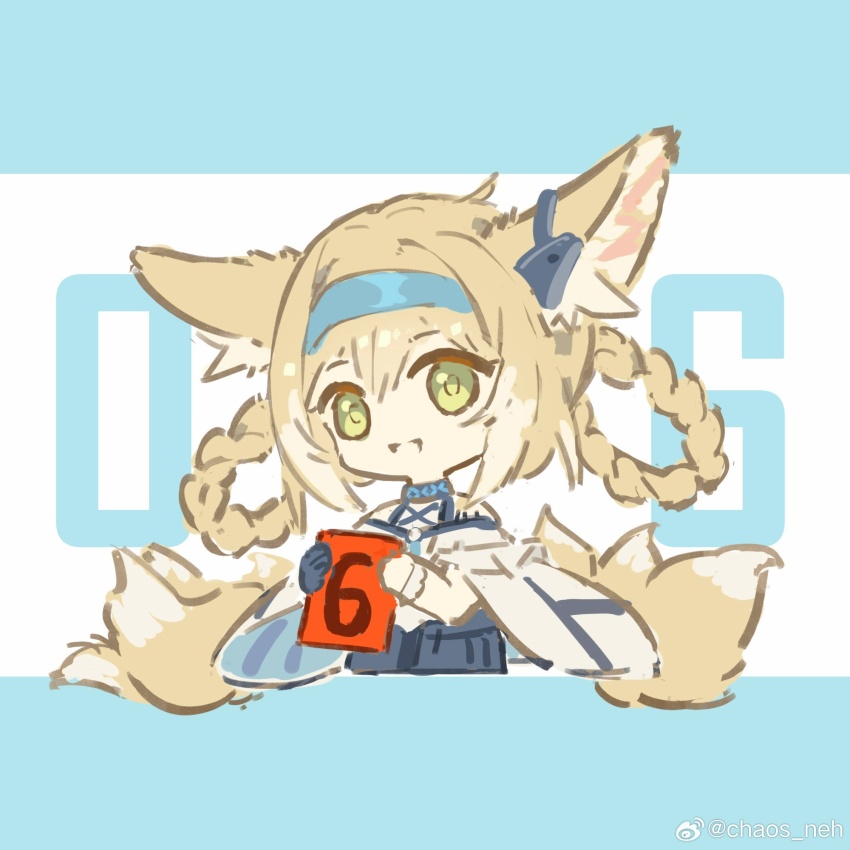 1girl, animal_ears, arknights, black_gloves, blonde_hair, blue_hairband, braid, braided_hair_rings, chaosneh, chinese_commentary, commentary_request, earpiece, fox_ears, fox_girl, fox_tail, gloves, green_eyes, hair_rings, hairband, highres, holding, infection_monitor_(arknights), kitsune, kyuubi, multiple_tails, open_mouth, short_hair, single_glove, solo, suzuran_(arknights), tail, twin_braids