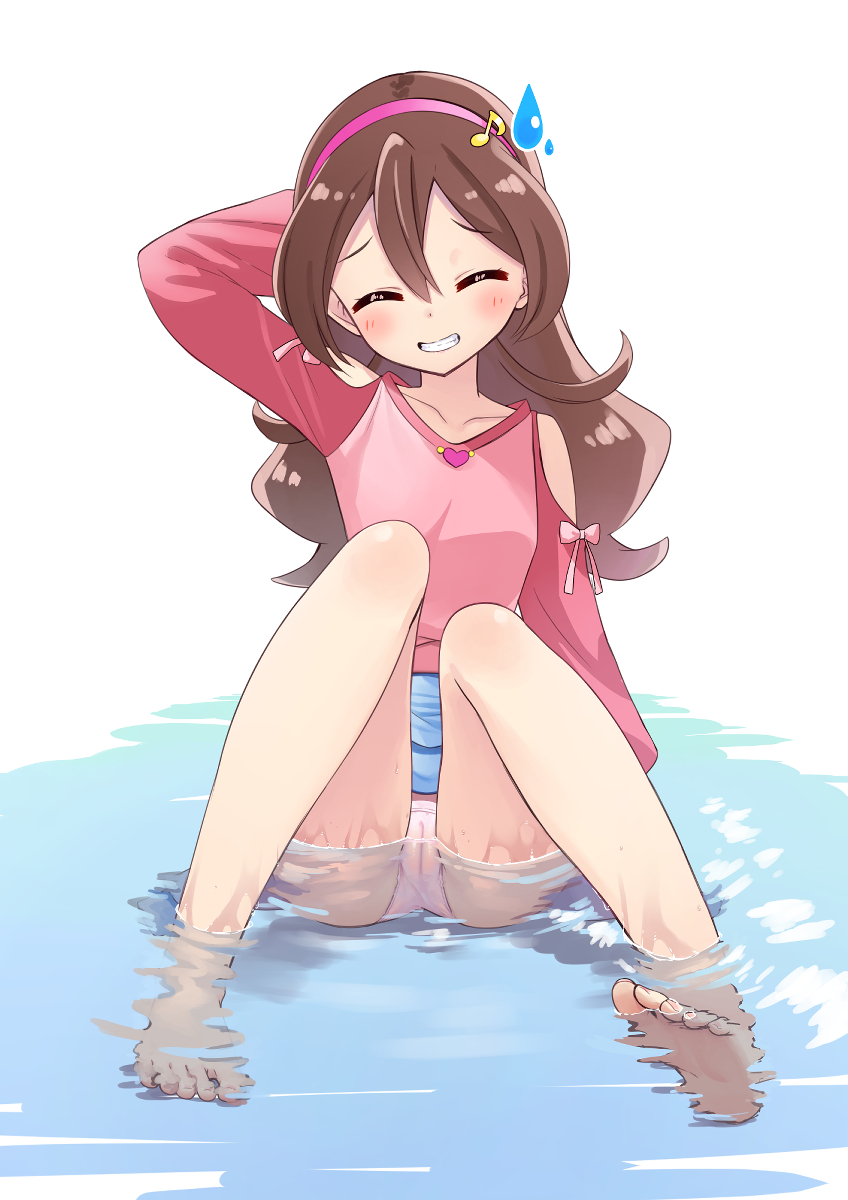 1girl, arm_behind_head, arm_up, barefoot, blush, brown_hair, closed_eyes, facing_viewer