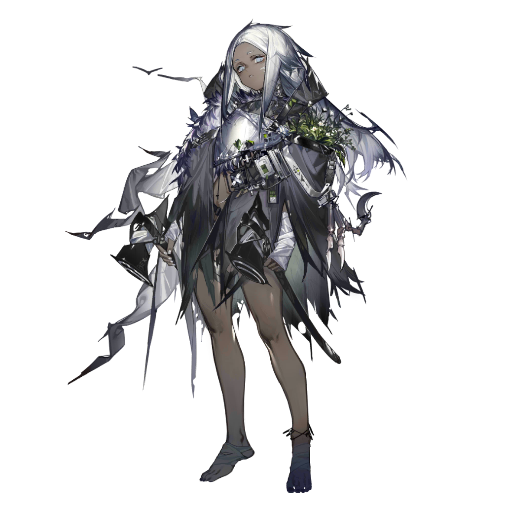 1girl, arknights, azling, bad_link, bandaged_hand, bandages, barefoot, dark-skinned_female