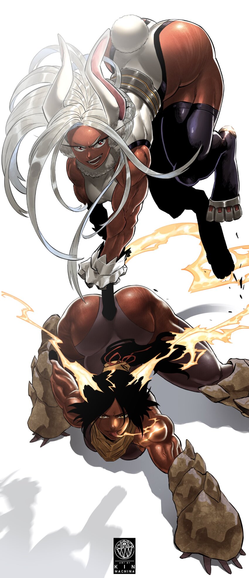 2girls, absurdres, all_fours, animal_ears, artist_logo, ass, bare_shoulders, black_hair, black_leotard, bleach, boku_no_hero_academia, breasts, cat_ears, cat_girl, cat_tail, crossover, dark-skinned_female, dark_skin, electricity, electrokinesis, female_focus, floating_hair, gloves, highleg, highleg_leotard, highres, huge_ass, jumping, kin_machina, leotard, logo, looking_at_viewer, mirko, multiple_girls, muscular, muscular_arms, muscular_female, muscular_legs, ponytail, rabbit_ears, rabbit_girl, rabbit_tail, red_eyes, shihouin_yoruichi, tail, thick_thighs, thighhighs, thighs, tongue, tongue_out, trait_connection, veins, veiny_arms, very_dark_skin, white_gloves, white_hair, white_leotard, yellow_eyes