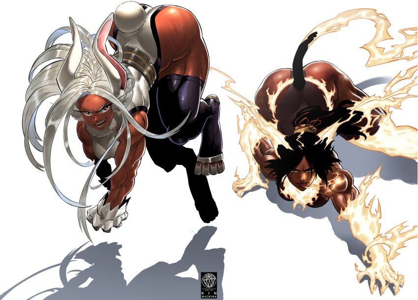 2girls, absurdres, all_fours, animal_ears, artist_logo, ass, bare_shoulders, black_hair, black_leotard, bleach, boku_no_hero_academia, breasts, cat_ears, cat_girl, cat_tail, crossover, dark-skinned_female, dark_skin, electricity, electrokinesis, female_focus, floating_hair, gloves, highleg, highleg_leotard, highres, huge_ass, jumping, kin_machina, leotard, logo, looking_at_viewer, mirko, multiple_girls, muscular, muscular_arms, muscular_female, muscular_legs, ponytail, rabbit_ears, rabbit_girl, rabbit_tail, red_eyes, shihouin_yoruichi, tail, thick_thighs, thighhighs, thighs, tongue, tongue_out, trait_connection, veins, veiny_arms, very_dark_skin, white_gloves, white_hair, white_leotard, yellow_eyes