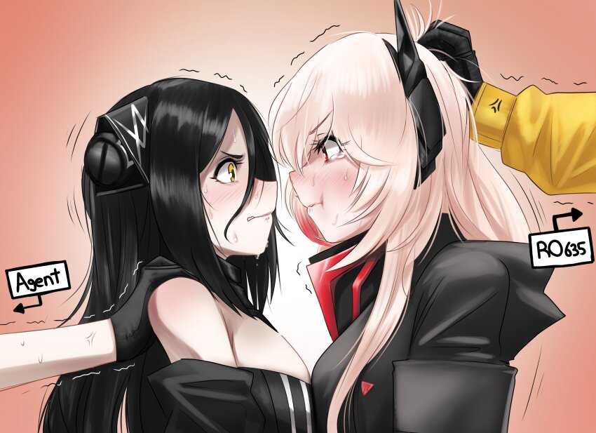 4girls, absurdres, agent_(girls'_frontline), anger_vein, black_gloves, black_hair, black_jacket, blush