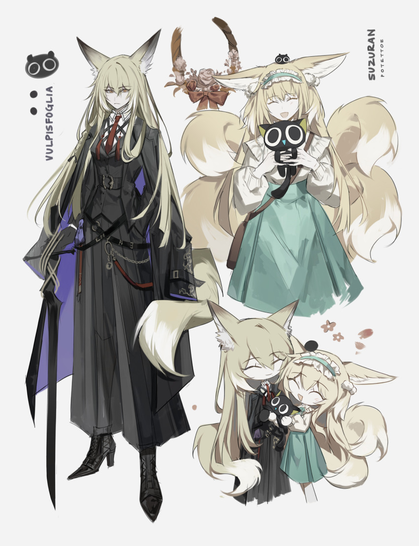 2girls, :d, ^_^, animal_ear_fluff, animal_ears, arknights, black_coat, black_jacket, black_skirt, black_vest, blonde_hair, brown_necktie, character_name, chibi, closed_eyes, closed_mouth, coat, coat_on_shoulders, eyes_visible_through_hair, facing_viewer, flower_symbol, fox_tail, frilled_hairband, frills, green_hairband, green_skirt, grey_background, hair_between_eyes, hairband, heixiu, highres, holding, jacket, long_hair, long_skirt, long_sleeves, looking_at_viewer, luo_xiaohei, luo_xiaohei_(cat), luo_xiaohei_zhanji, mother_and_child, mother_and_daughter, multiple_girls, multiple_tails, necktie, official_alternate_costume, open_mouth, pale_skin, parent_and_child, potettoe, shirt, simple_background, skirt, smile, suzuran_(arknights), suzuran_(spring_praise)_(arknights), tail, tassel, two-sided_coat, two-sided_fabric, vest, vulpisfoglia_(arknights), white_shirt, yellow_eyes