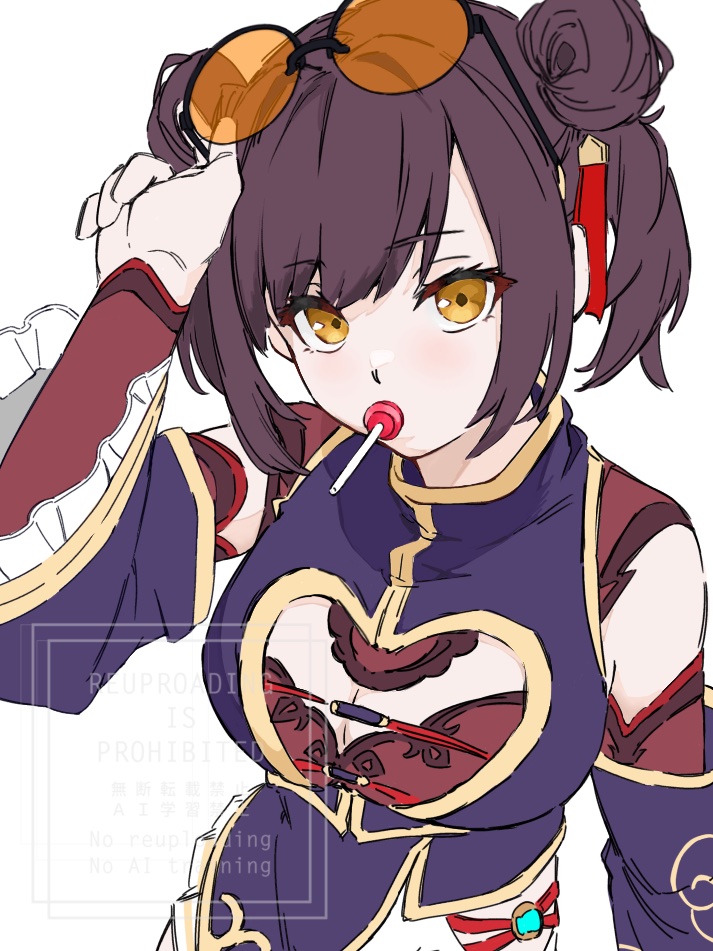 1girl, asngi_1027hana, black_hair, breasts, candy, chinese_clothes, detached_sleeves, double_bun, dress, food, glasses, hair_bun, heaven_burns_red, large_breasts, li_yingxia, li_yingxia_(spring_night_wo_ai_ni), lollipop, official_alternate_costume, solo, twintails, wide_sleeves, yellow_eyes