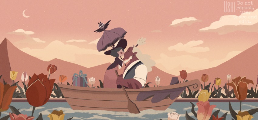 1boy, 1girl, absurdres, boat, couple, eclipsa_butterfly, flower, globgor, highres, husband_and_wife, kiss, pink_flower, pink_tulip, red_flower, red_tulip, sky, star_vs_the_forces_of_evil, tulip, ushi_(ushi418), watercraft, yellow_flower, yellow_tulip