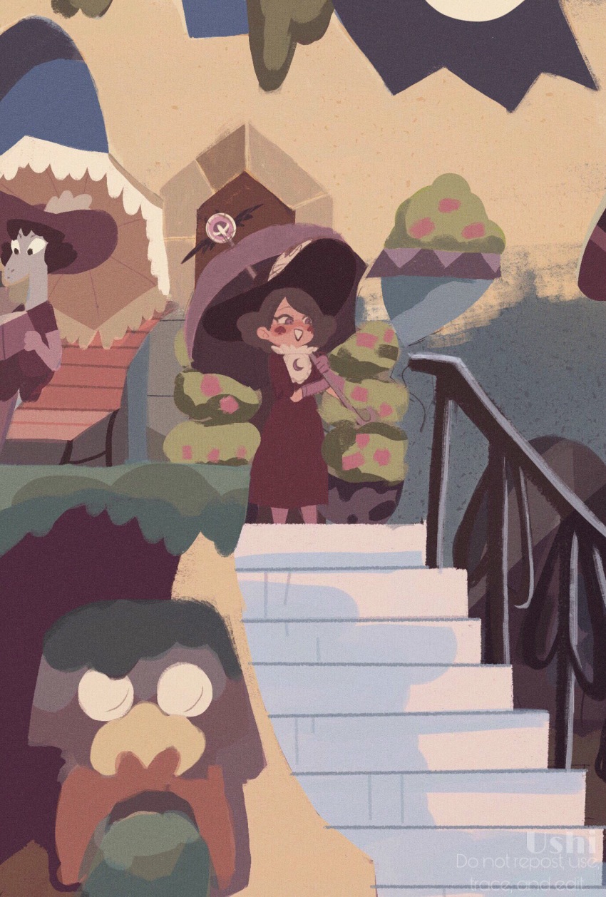 2girls, blush, dress, eclipsa_butterfly, green_hair, hat, highres, holding, holding_umbrella, multiple_girls, purple_dress, spade_(shape), stairs, star_vs_the_forces_of_evil, sun_hat, umbrella, ushi_(ushi418)
