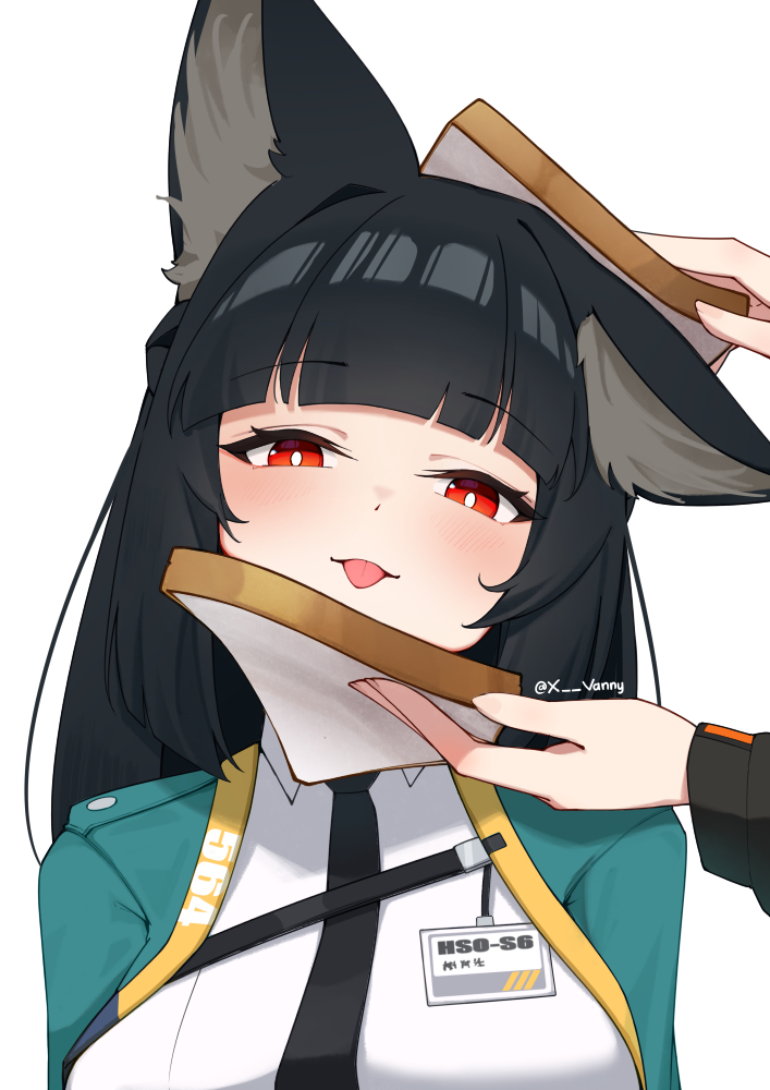 1boy, 1girl, :p, animal_ear_fluff, animal_ears, aqua_jacket, black_hair, blush, bread, food, fox_ears, hoshimi_miyabi, id_card, idiot_sandwich_(meme), jacket, meme, necktie, red_eyes, shirt, signature, solo_focus, tongue, tongue_out, white_shirt, wise_(zenless_zone_zero), xsan_vanny, zenless_zone_zero