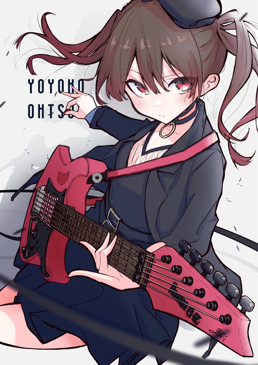 1girl, absurdres, aomoringo, beret, black_choker, black_dress, black_hat, black_jacket