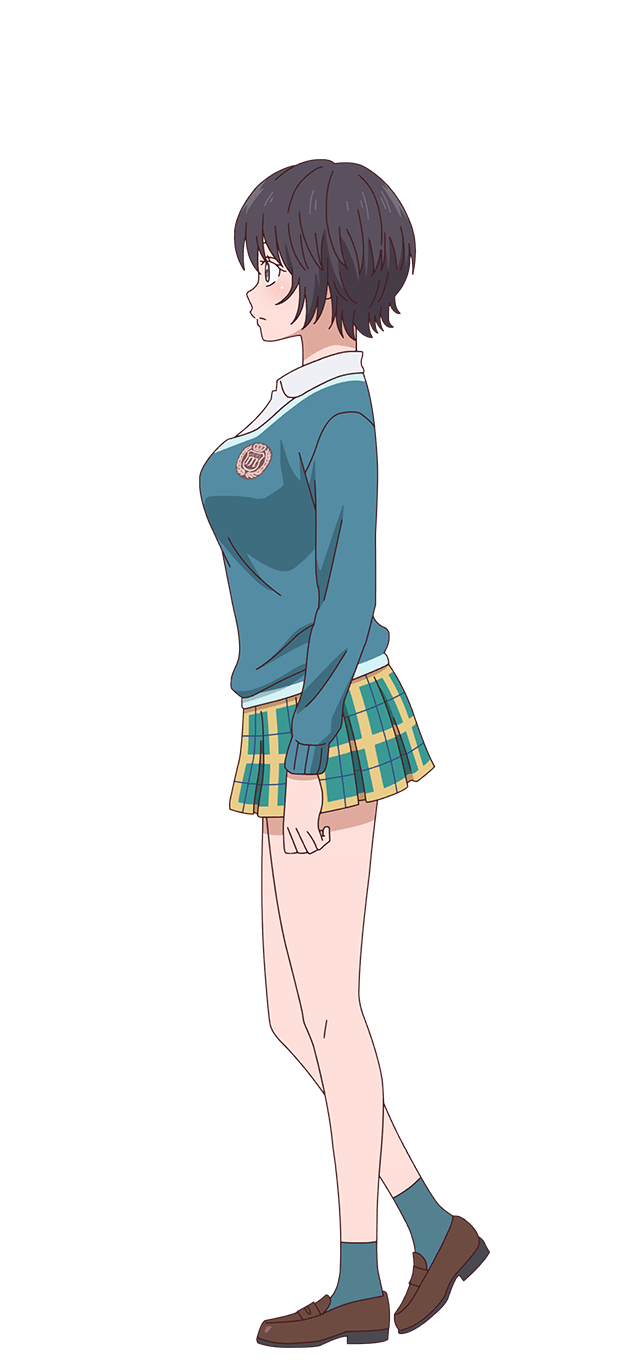 1girl, ankle_socks, aqua_socks, aqua_sweater, arm_at_side, black_hair, blush, breasts