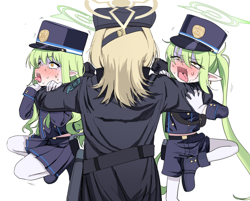 3girls, absurdres, asphyxiation, black_coat, black_gloves, black_hat, blonde_hair, blue_archive