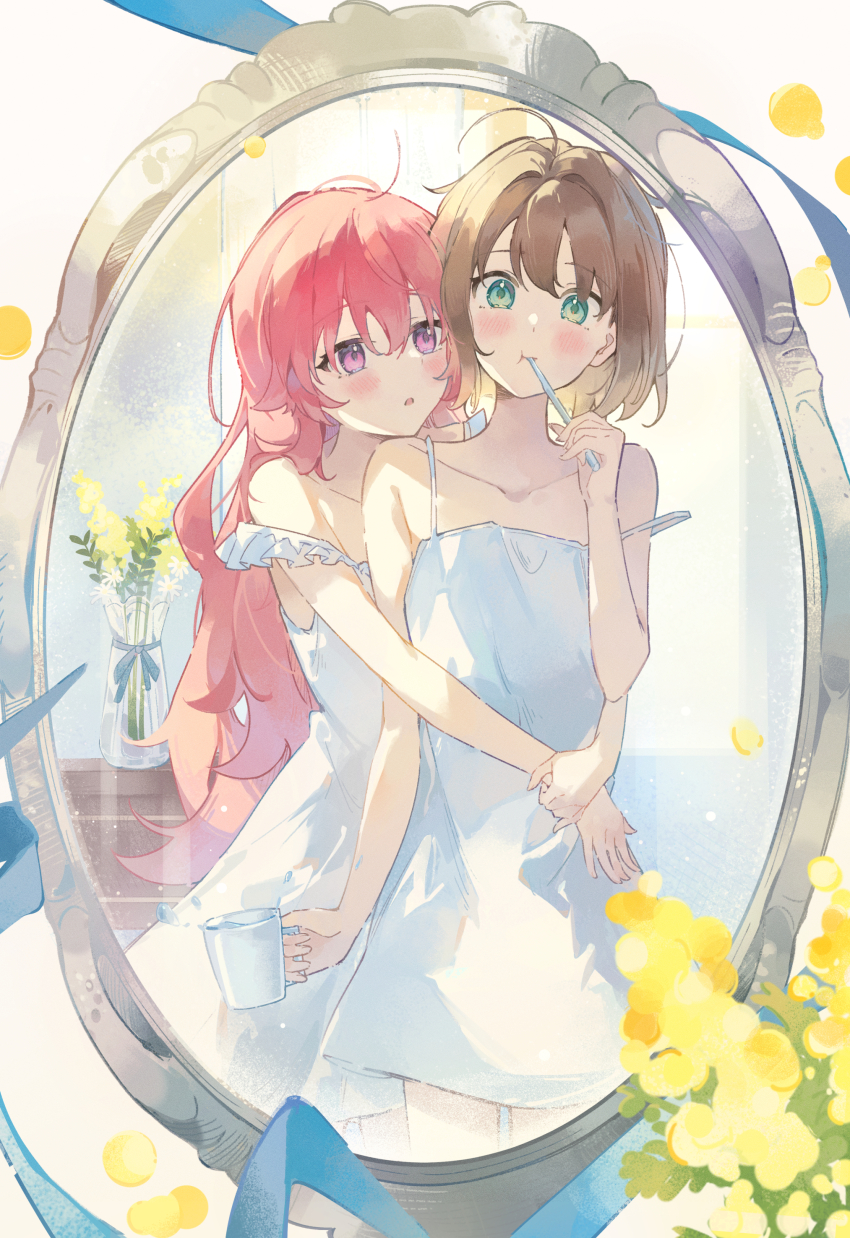 2girls, absurdres, bai-hyacinth, bare_arms, blush, brown_hair, brushing_teeth, collar