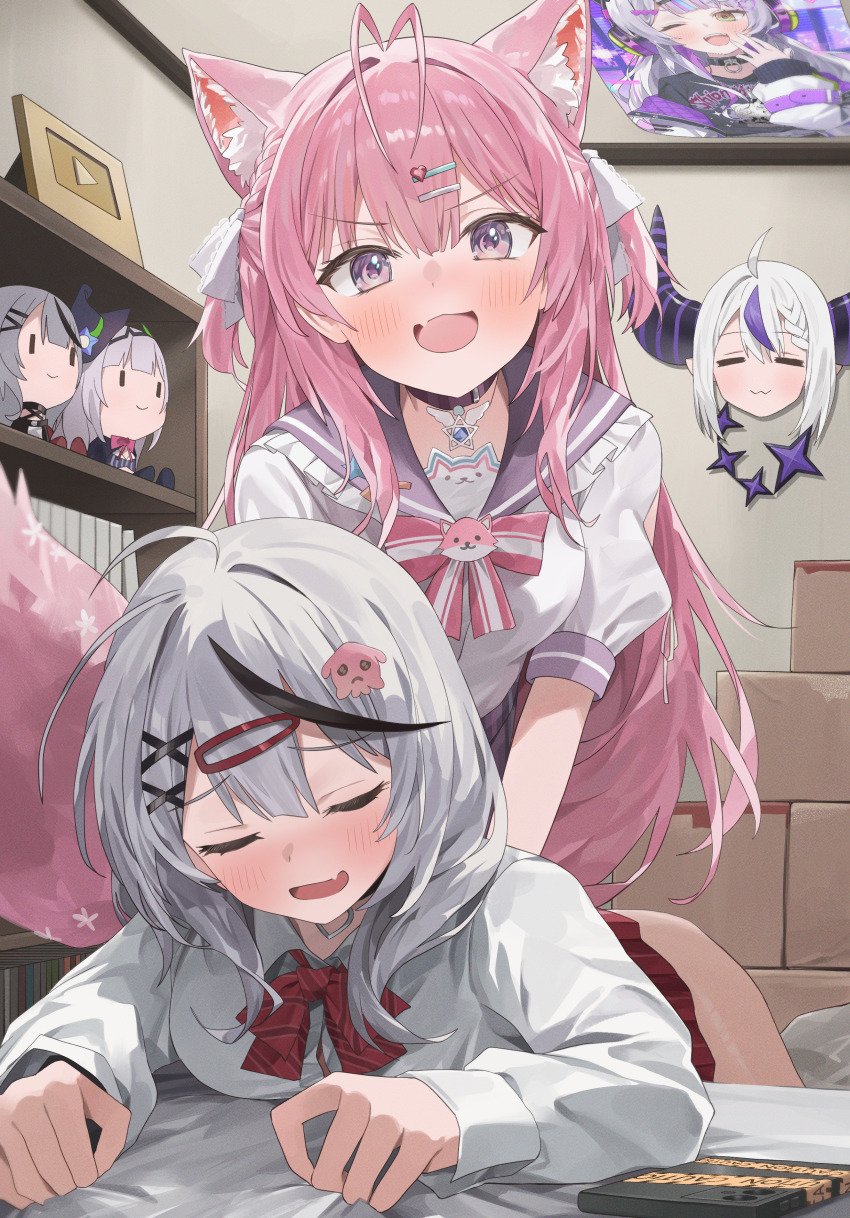 2girls, =_=, absurdres, animal_ear_fluff, animal_ears, antenna_hair, black_hair, blush, bow, bowtie, cellphone, character_doll, closed_eyes, closed_mouth, commentary_request, demon_horns, doll, frilled_sailor_collar, frills, grey_hair, hair_ornament, hairclip, hakui_koyori, highres, hololive, horns, indoors, la+_darknesss, long_hair, long_sleeves, medium_hair, multicolored_hair, multiple_girls, murasaki_shion, murasaki_shion_(8th_costume), nel_dcm, open_mouth, phone, pink_eyes, pink_hair, plaid_bow, plaid_bowtie, plaid_clothes, red_bow, red_bowtie, red_skirt, sailor_collar, sakamata_chloe, sakamata_chloe_(gyarumata), school_uniform, serafuku, shirt, short_sleeves, skirt, smartphone, smile, streaked_hair, striped_horns, tail, virtual_youtuber, white_shirt, wolf_ears, wolf_girl, wolf_tail, x_hair_ornament, youtube_creator_award, yuri