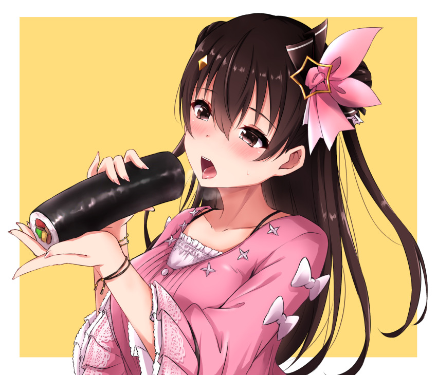 1girl, blush, bow, brown_eyes, brown_hair, diamond_hair_ornament, food, hair_bow