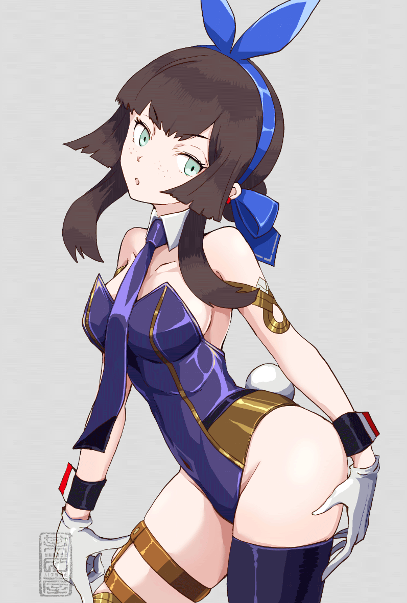 1girl, adapted_costume, animal_ear_hairband, animal_ears, artist_logo, asymmetrical_legwear, black_hair, blue_leotard