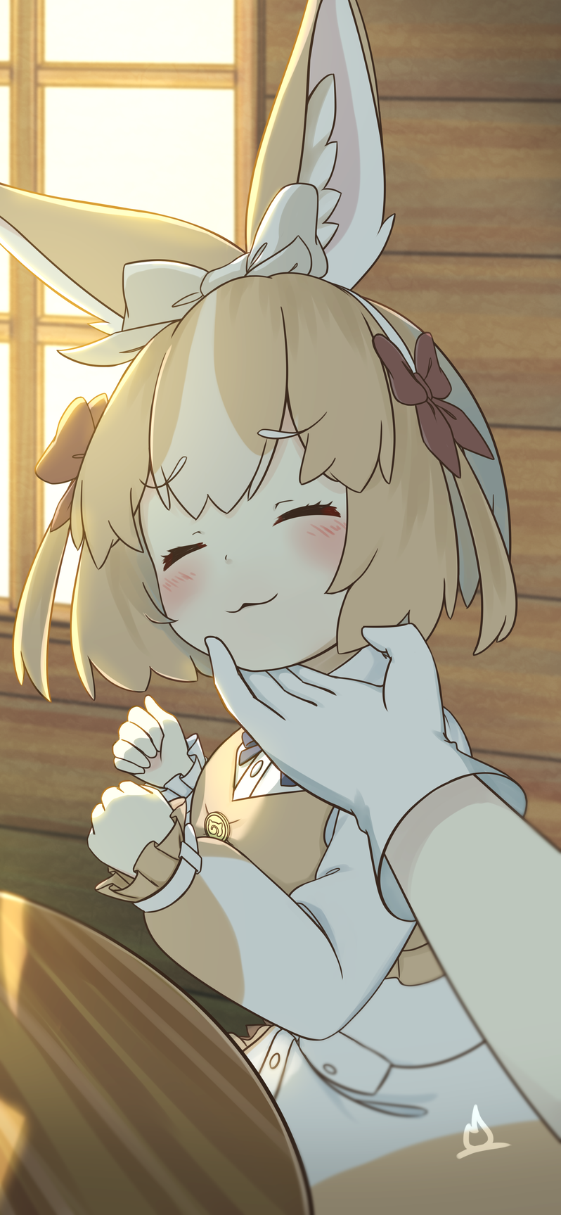 1girl, 1other, :3, animal_ear_fluff, animal_ears, blonde_hair, blue_ribbon, blush