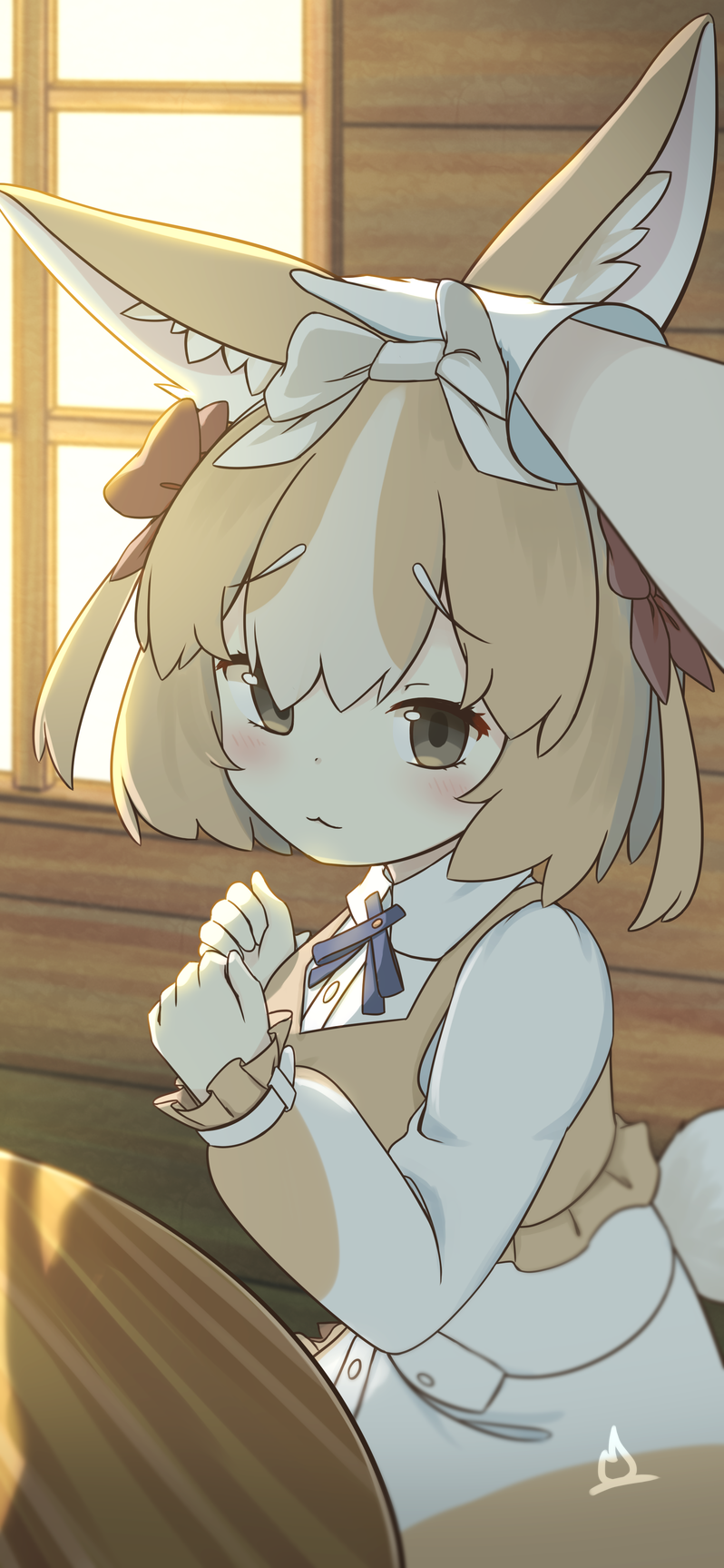 1girl, 1other, :3, animal_ear_fluff, animal_ears, blonde_hair, blue_ribbon, blush