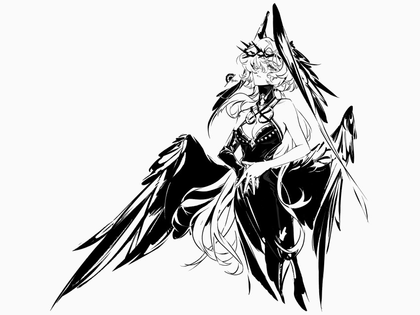 1girl, absurdres, bare_shoulders, breasts, cleavage, cowboy_shot, cropped_legs, crown_of_thorns