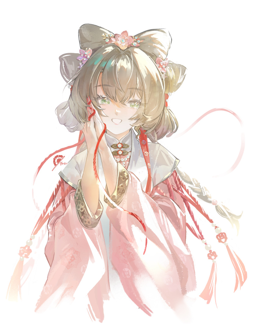 1girl, absurdres, blonde_hair, braid, chinese_clothes, cropped_torso, flower, green_eyes