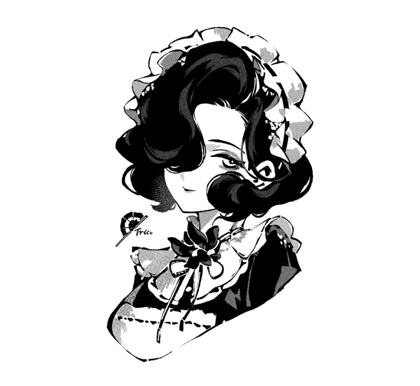 1girl, closed_mouth, cropped_torso, greyscale, hair_over_one_eye, looking_at_viewer, maid, maid_headdress